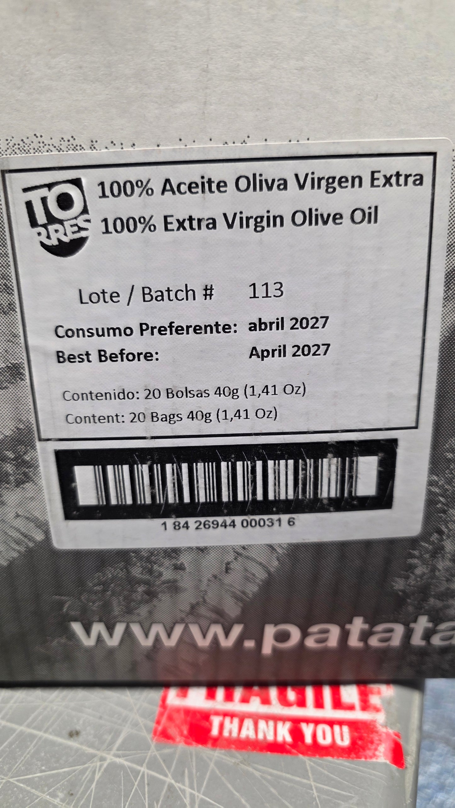 Torres Extra Virgin Olive Oil Potato Chips — Case of 20 (1.41 oz (40g) Bags)