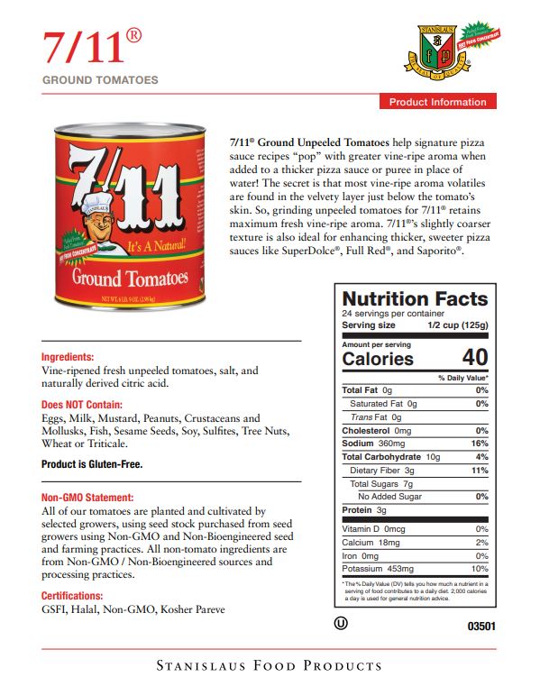 Stanislaus 7/11 Ground Tomatoes — Case of 6 #10 Cans - Specification