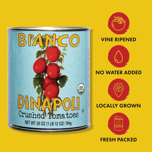 Bianco DiNapoli Organic Crushed Tomatoes in Puree - Crushed Organic Canned Tomatoes for Soups, Sauces, and Stews, Vine Ripened California Grown for Authentic Flavor and Quality - 28 oz, 6 Pack