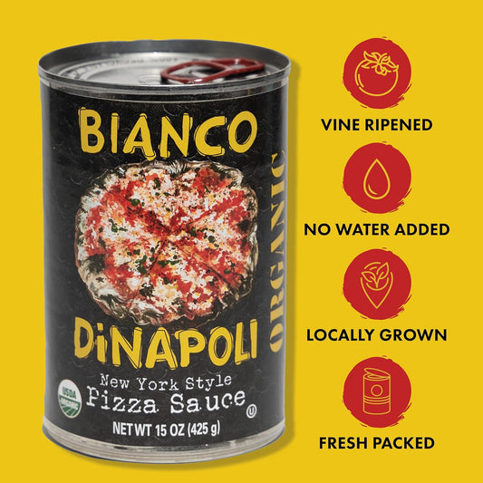 Bianco DiNapoli Organic NY Style Pizza Sauce - Vine Ripened California Grown Tomatoes - Made with Organic Garlic, Basil, Tomatoes & Extra Virgin Olive Oil For Homemade Pizza - Canned Fresh - 8 Ounce, Pack of 8