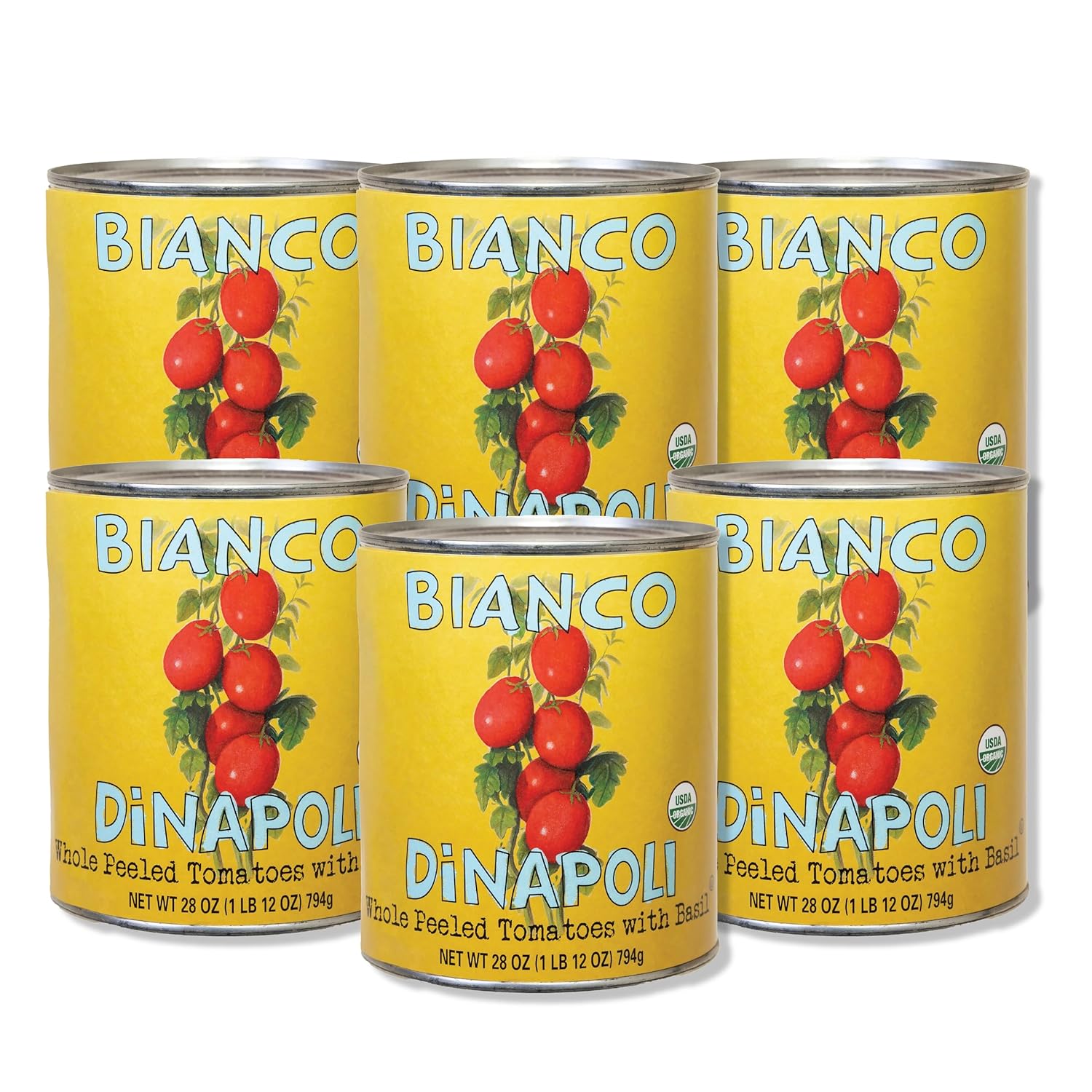Bianco DiNapoli Organic Whole Peeled Tomatoes - Vine Ripened California Grown Tomatoes with Basil - Ideal for Flavorful Sauces, Soups & Italian Cooking - Canned for Freshness - 28oz, 6 Pack