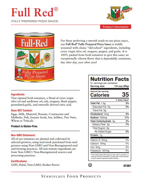 Stanislaus Fully Prepared Pizza Sauce — Case of 6 #10 Cans - Specification