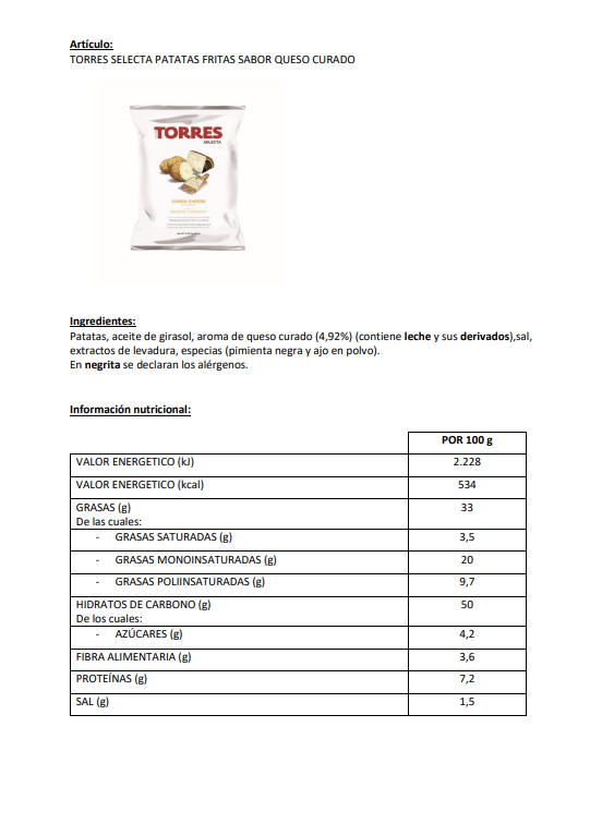 Torres Cured Cheese Potato Chips — Case of 20 (1.76 oz (50g) Bags)