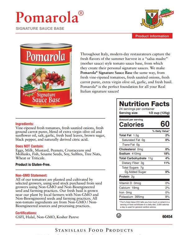 Stanislaus Pomarola Tomato Sauce — Case of 6 #10 Cans - Specification
