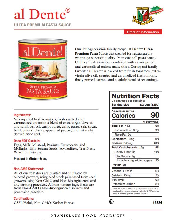 Al Dente Pasta Sauce - Specification Sheet