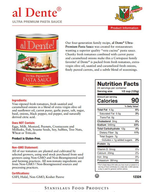 Al Dente Pasta Sauce - Specification Sheet