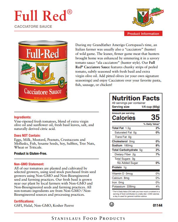 Cacciatore Tomato Sauce - Specification Sheet