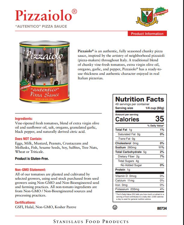 Stanislaus Pizzaiolo Pizza Sauce — Case of 6 #10 Cans - Specification