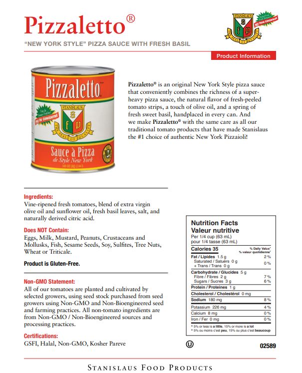 Stanislaus Pizzaletto New York Style Pizza Sauce