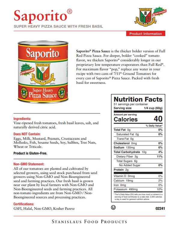 Stanislaus Saporito Pizza Sauce with Basil — Case of 6 #10 Cans - Specification