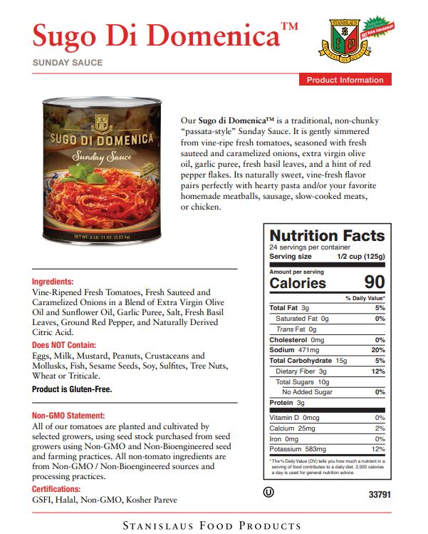 Stanislaus Sunday Pasta Sauce — Case of 6 #10 Cans - Specification
