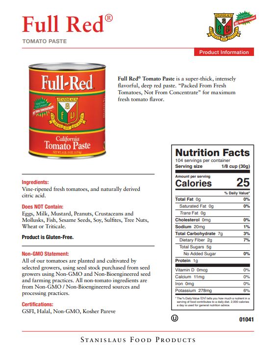 Stanislaus Full Red Tomato Paste — Case of 6 #10 Cans - Specification