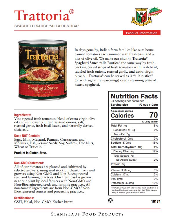 Trattoria Spaghetti Sauce - Specification Sheet