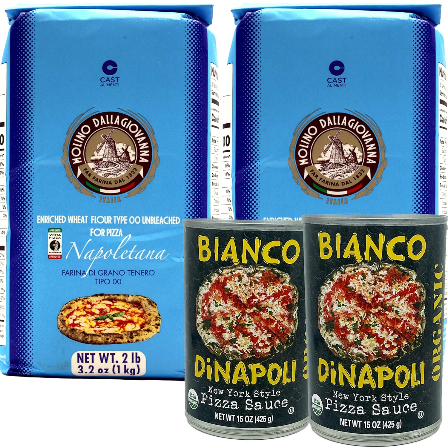 Molino Dallagiovanna La Napoletana Bianco DiNapoli NY Style Pizza Pack  Includes 2 1Kg Bags and 2 15 oz cans