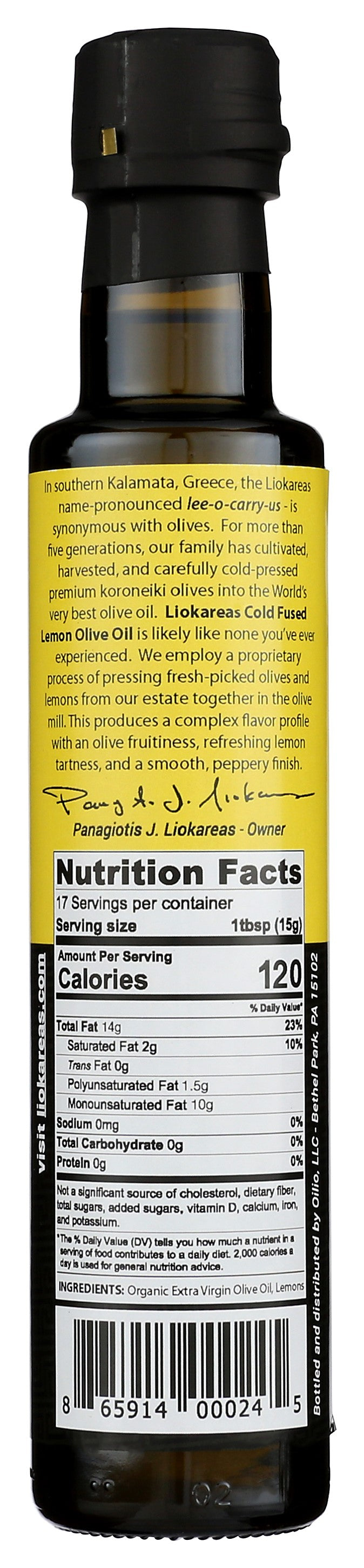 Liokareas Cold Fused Lemon Greek Olive Oil 250 Ml Glass Bottle