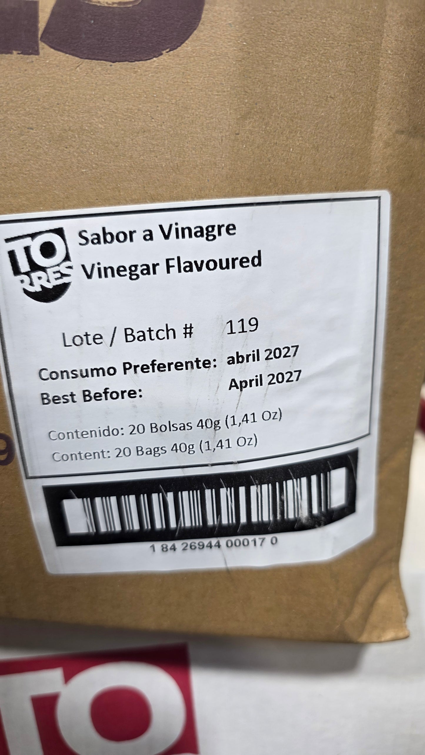 Torres Vinegar Potato Chips — Case of 20 (1.41 oz (40g) Bags)