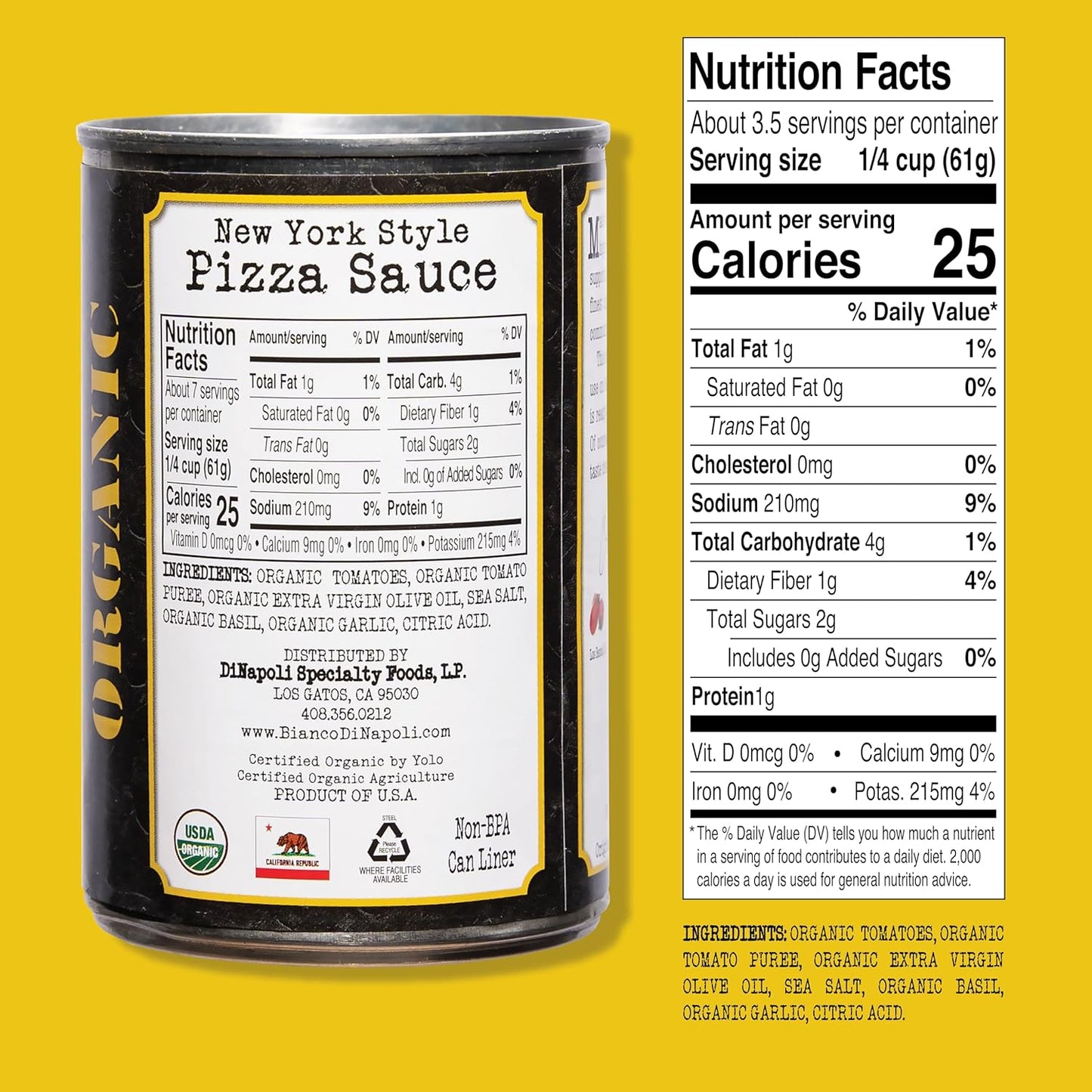 Bianco DiNapoli Organic NY Style Pizza Sauce - Vine Ripened California Grown Tomatoes - Made with Organic Garlic, Basil, Tomatoes & Extra Virgin Olive Oil For Homemade Pizza - Canned Fresh - 8 Ounce, Pack of 8