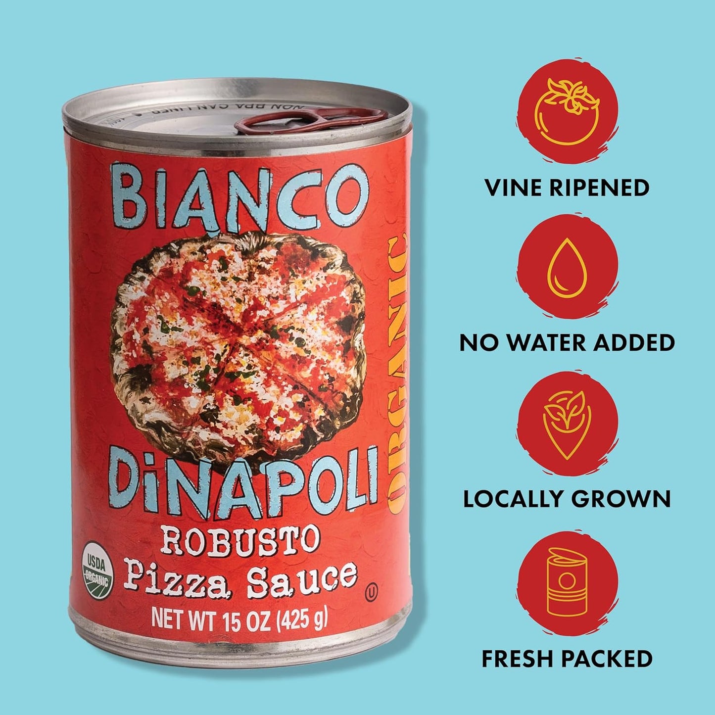 Bianco DiNapoli Organic Robusto Pizza Sauce – California Vine-Ripened Tomatoes – Made with Organic Garlic, Basil, Oregano & Extra Virgin Olive Oil – Ideal for Homemade Pizza – Canned Fresh – 8 Pack