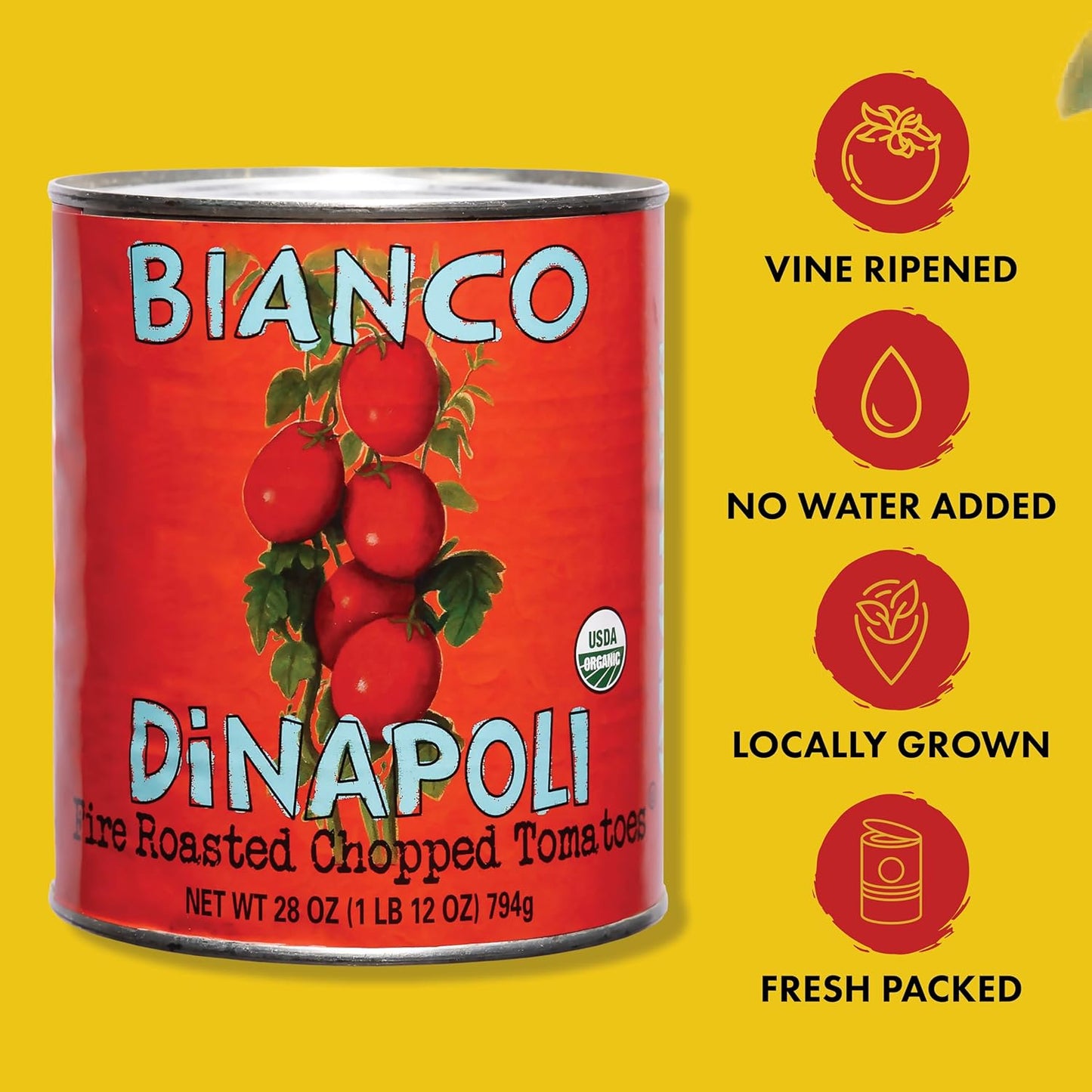 Bianco DiNapoli Organic Fire Roasted Chopped Tomatoes - Vine Ripened California Grown Tomatoes - Perfect for Flavorful Stews, Soups, Sauces, Italian & Mexican Dishes - Canned - 28 oz, 6 Pack