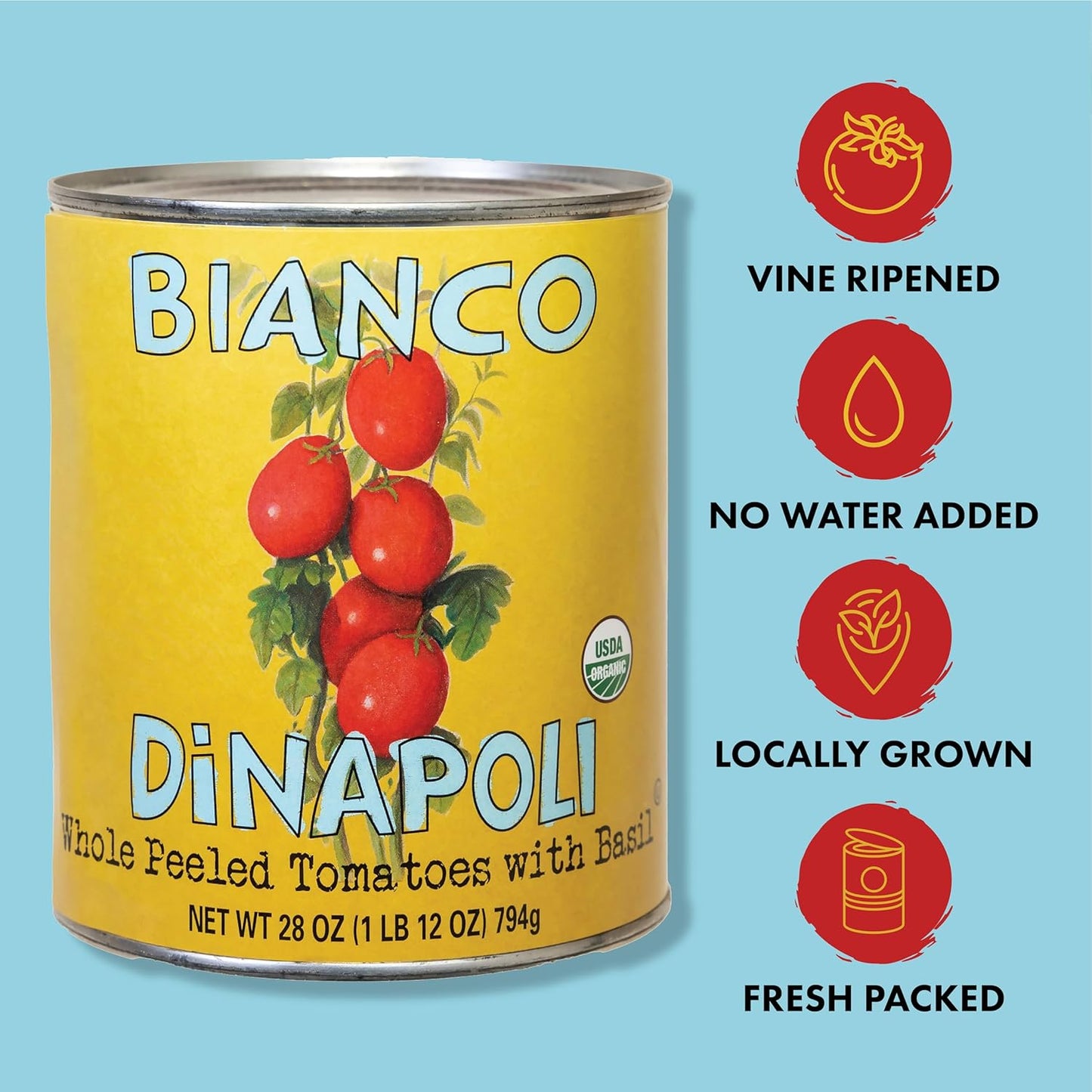 Bianco DiNapoli Organic Whole Peeled Tomatoes - Vine Ripened California Grown Tomatoes with Basil - Ideal for Flavorful Sauces, Soups & Italian Cooking - Canned for Freshness - 28oz, 6 Pack