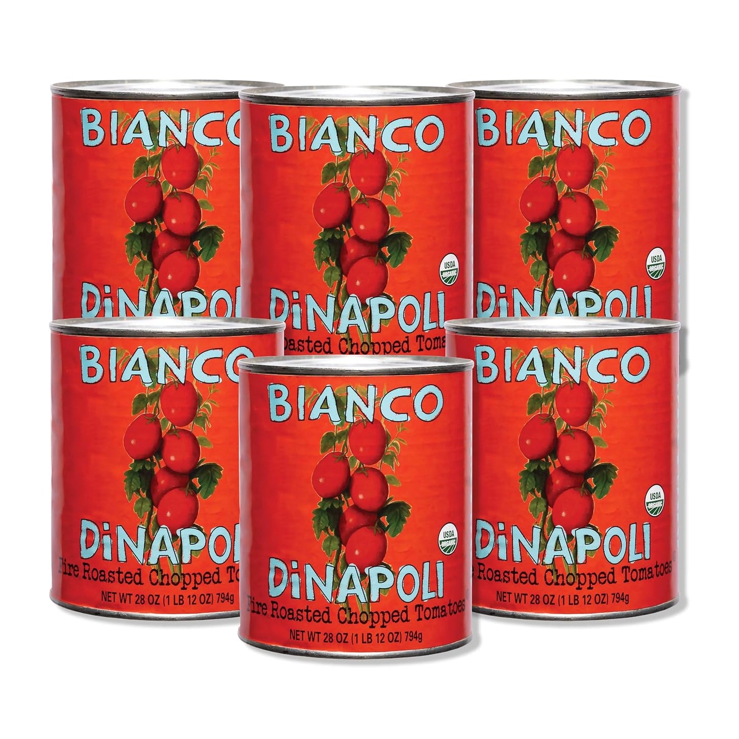 Bianco DiNapoli Organic Fire Roasted Chopped Tomatoes - Vine Ripened California Grown Tomatoes - Perfect for Flavorful Stews, Soups, Sauces, Italian & Mexican Dishes - Canned - 28 oz, 6 Pack