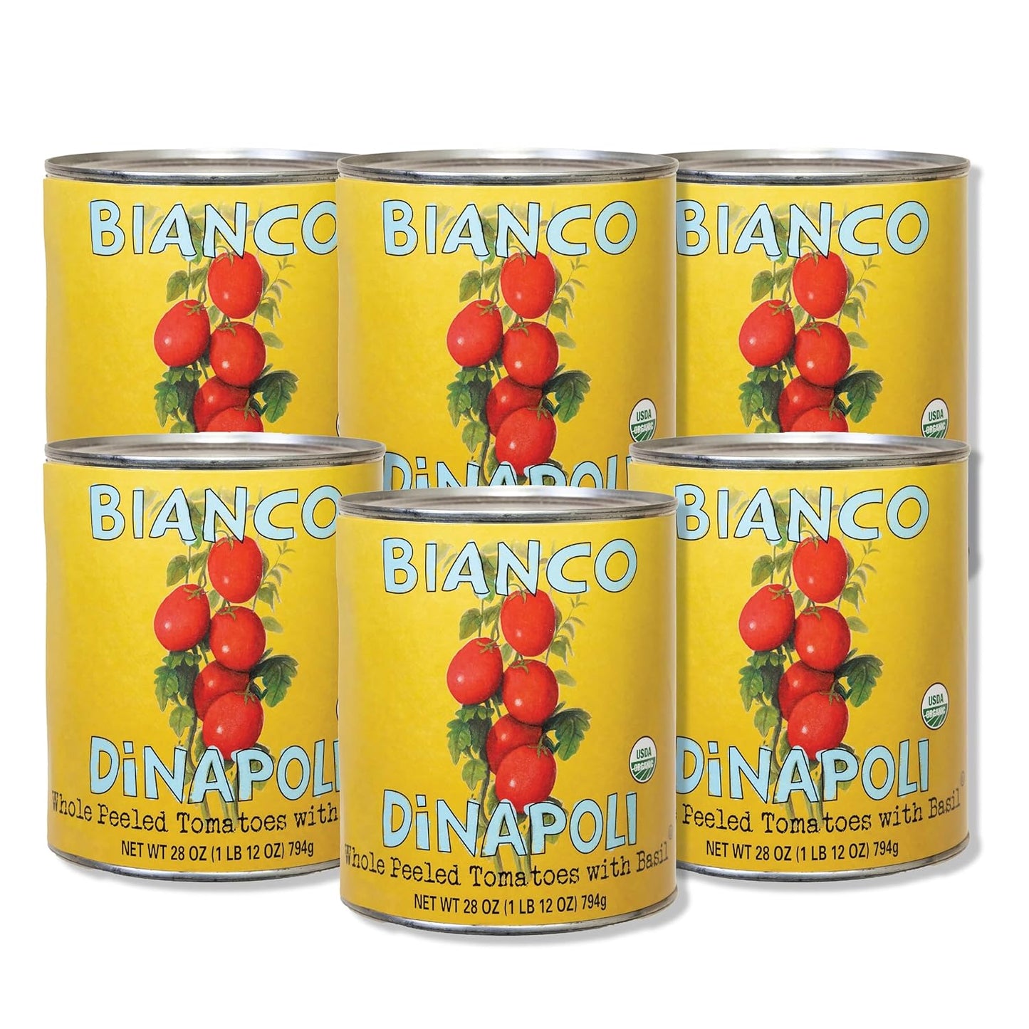 Bianco DiNapoli Organic Whole Peeled Tomatoes - Vine Ripened California Grown Tomatoes with Basil - Ideal for Flavorful Sauces, Soups & Italian Cooking - Canned for Freshness - 28oz, 6 Pack