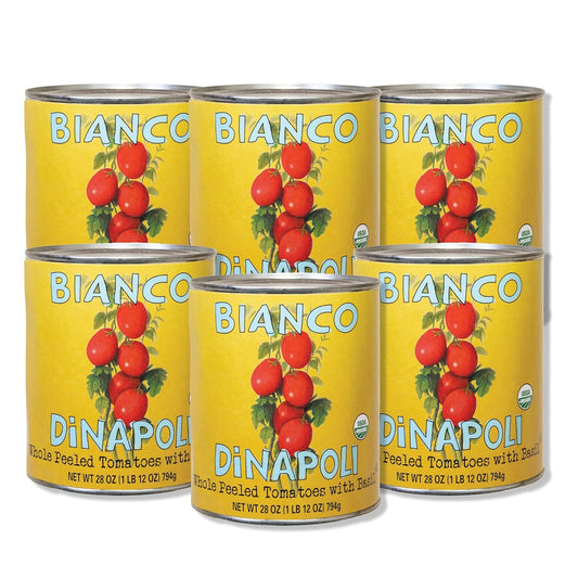 Bianco DiNapoli Organic Whole Peeled Tomatoes - Vine Ripened California Grown Tomatoes with Basil - Ideal for Flavorful Sauces, Soups & Italian Cooking - Canned for Freshness - 28oz, 6 Pack