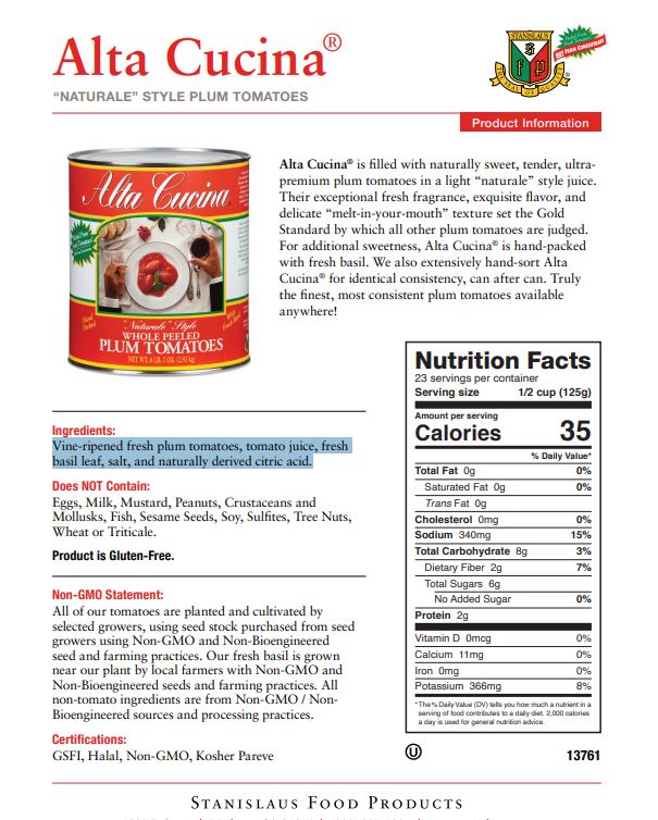 Alta Cucina Plum Tomatoes - Specification Sheet