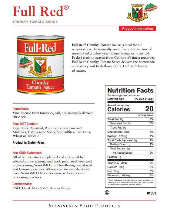 Stanislaus Full Red Tomato Sauce — Case of 6 #10 Cans - Specification