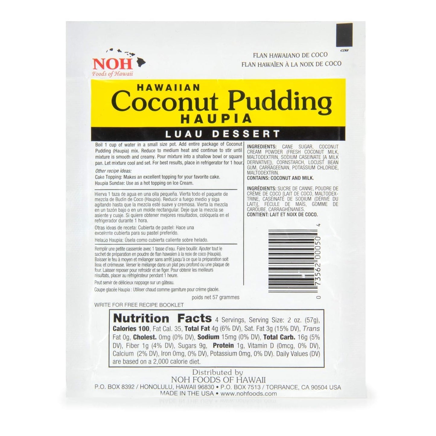 NOH Foods of Hawaii four serving seasoning packets 1.5 oz Pack of 3 Taste the flavor of Hawaii with each unique and famous meal Coconut Pudding