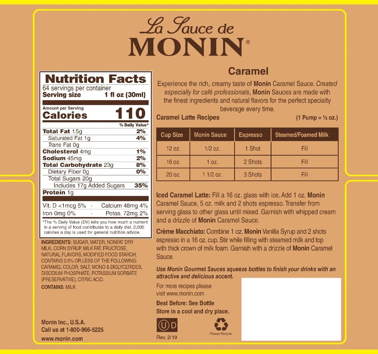 Monin Caramel Sauce 64 oz Jug