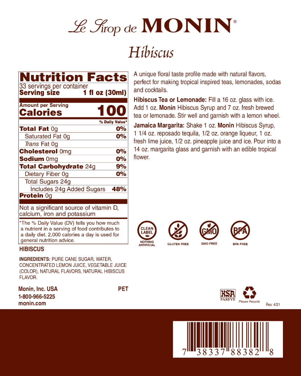 Monin Hibiscus Syrup 1 Liter Bottle