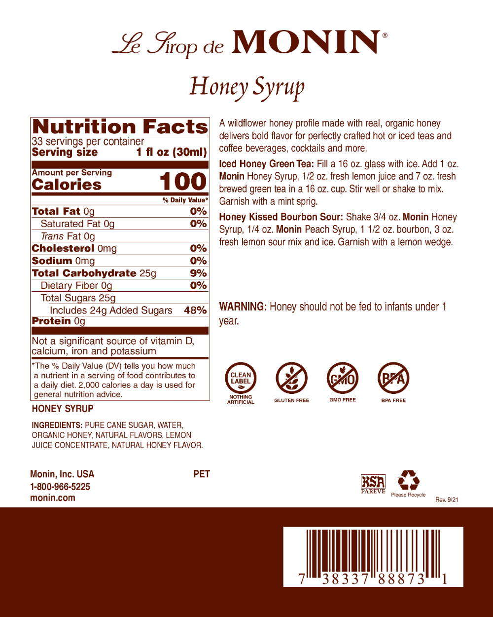 Monin Honey Syrup; 1 Liter