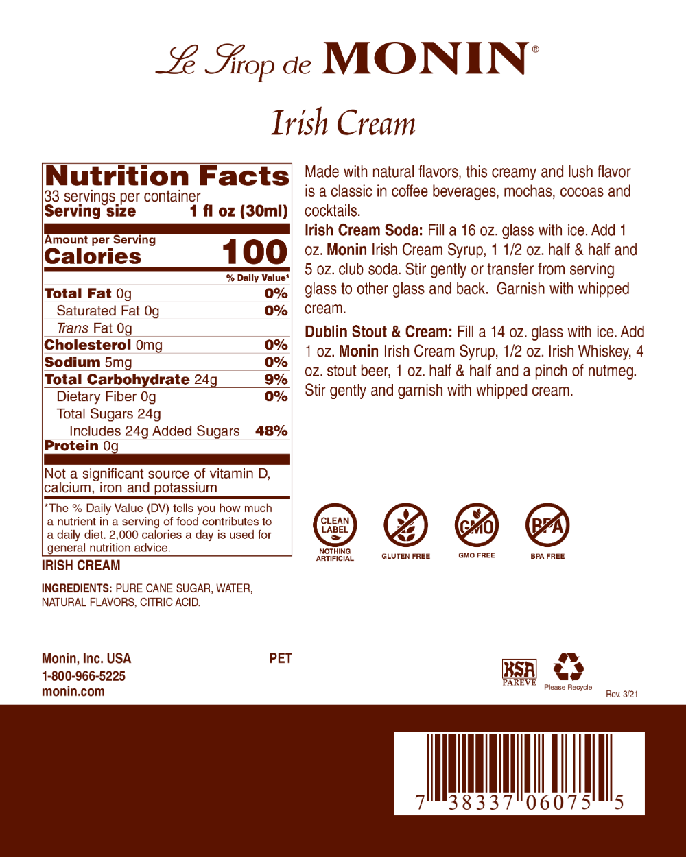 Monin Irish Cream Syrup; 1 Liter