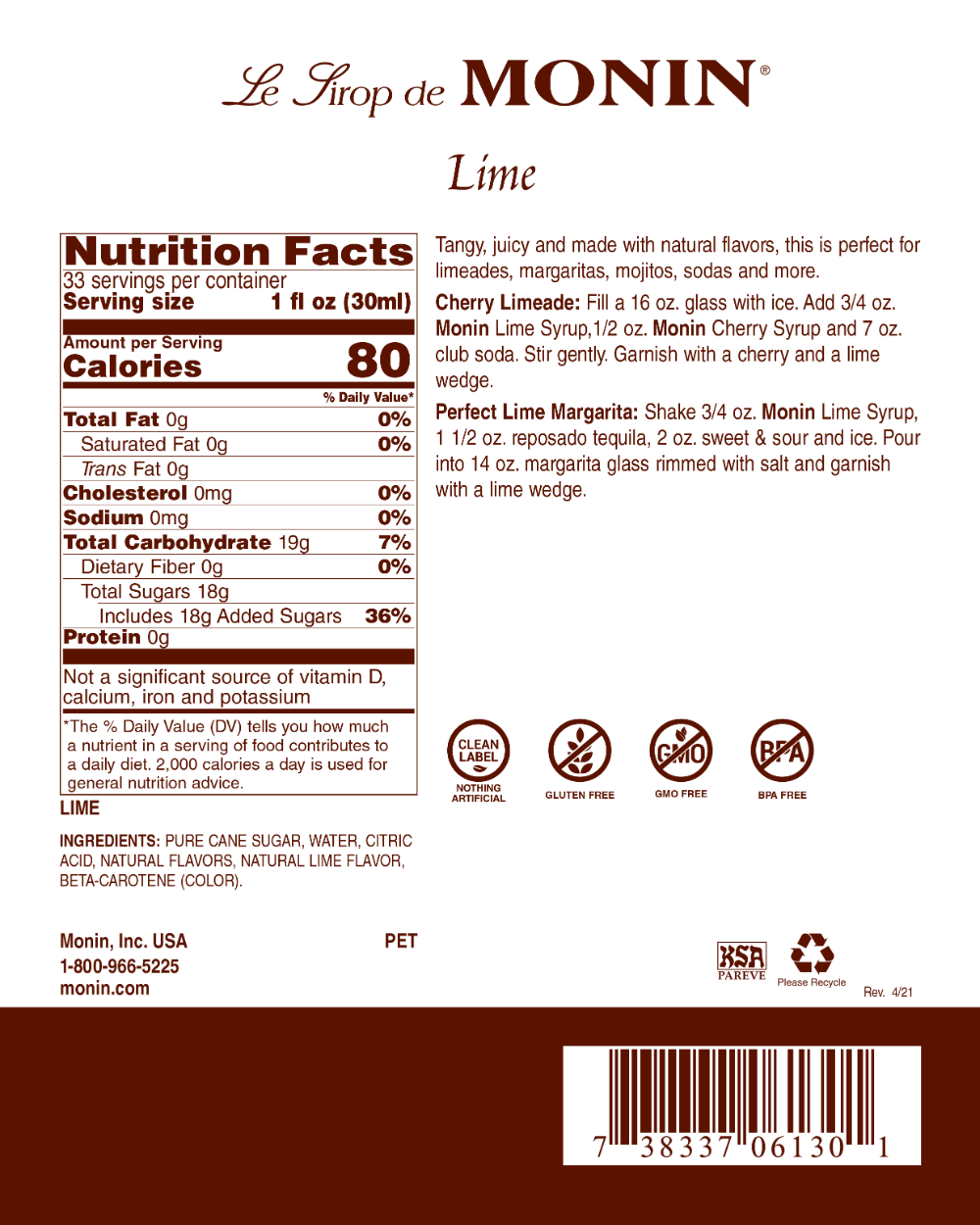 Monin Lime Flavored Syrup 1 Liter bottle