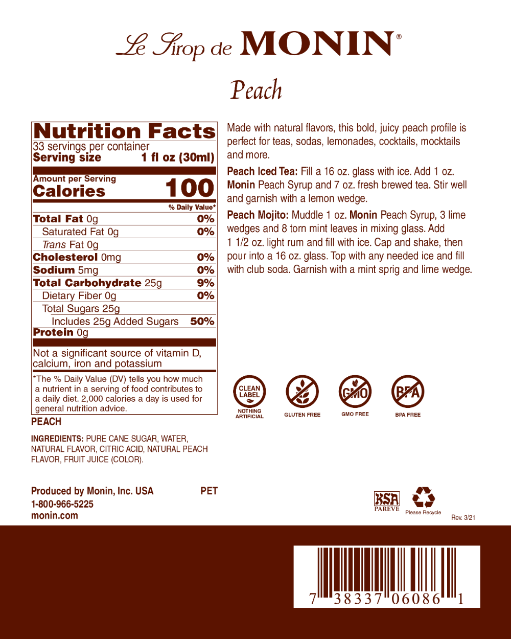 Monin Kosher Peach; 1 Liter