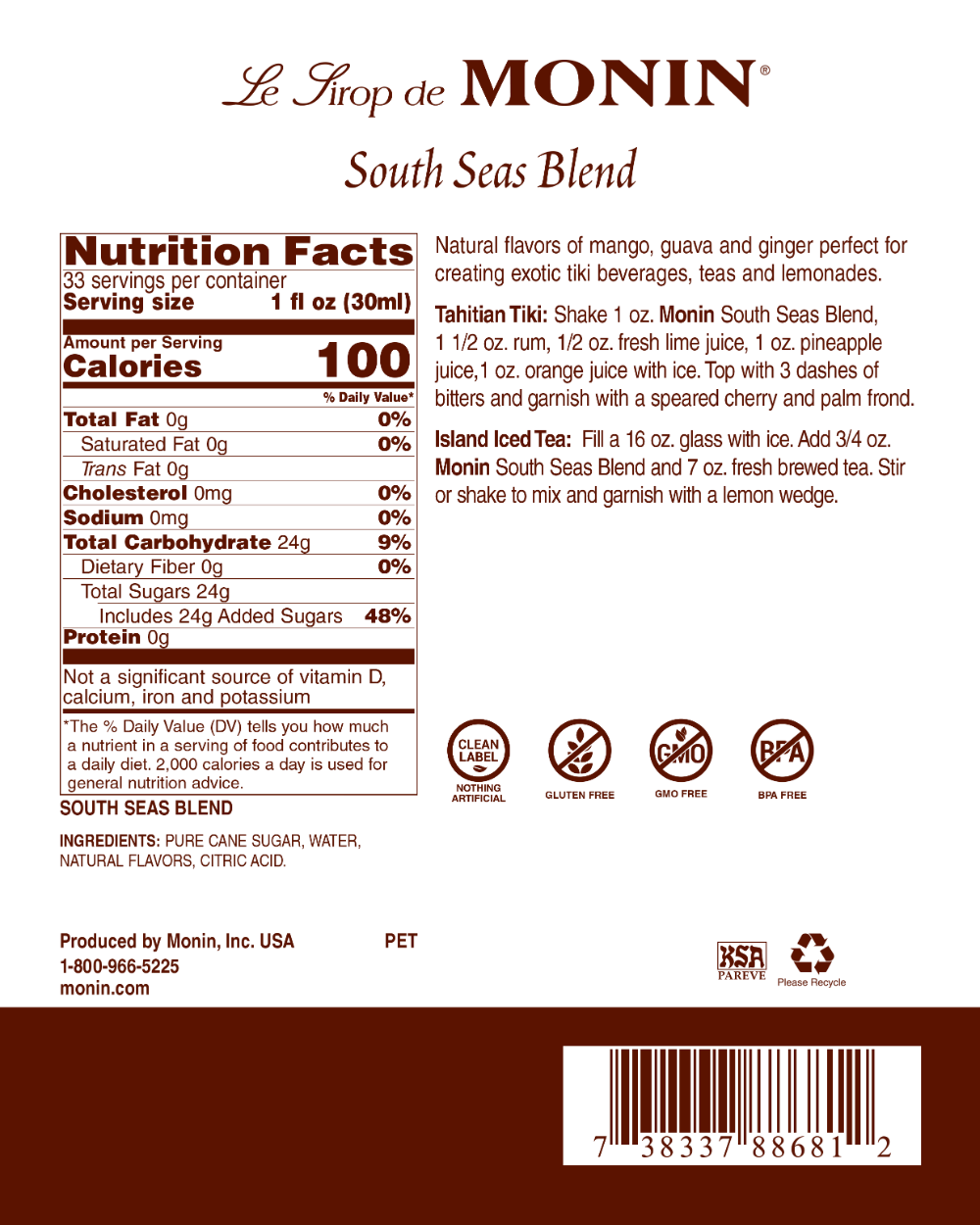 Monin South Seas Blend Syrup; 1 Liter