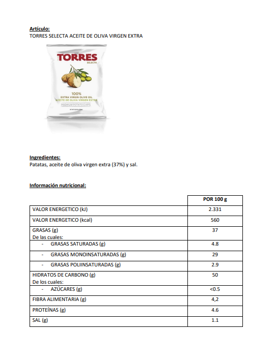 Torres Extra Virgin Olive Oil Potato Chips — Case of 20 (1.41 oz (40g) Bags)