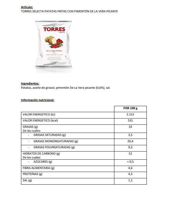 Torres Hot Smoked Paprika de la Vera Potato Chips — Case of 20 (1.76 oz (50g) Bags)