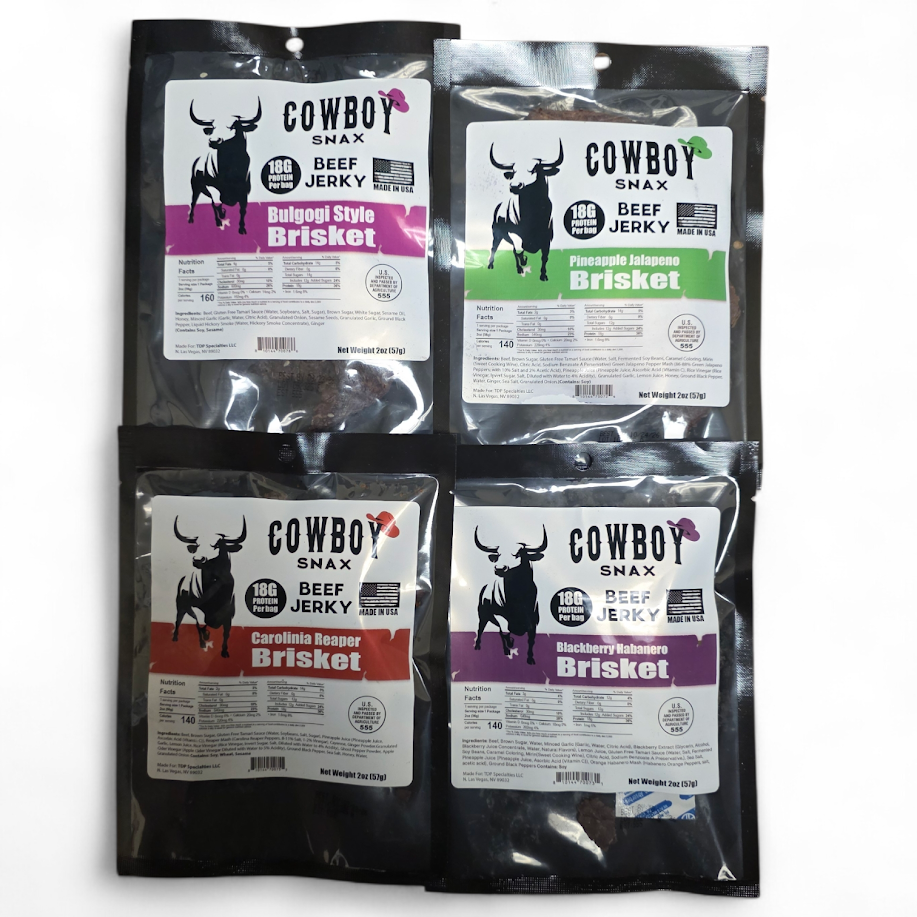 Cowboy Snax All Brisket Beef Jerky 2 oz bags 7 flavors 18 g protein per bag detail view 9