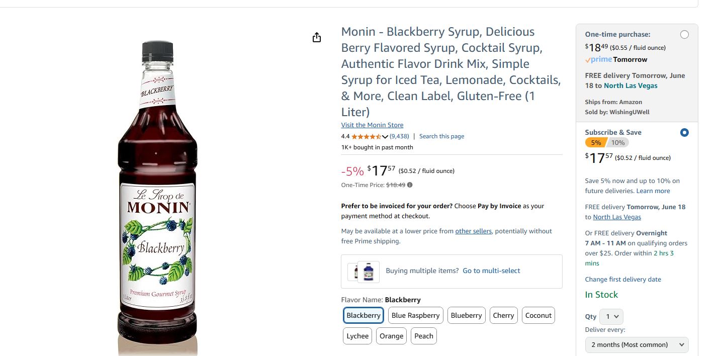 Monin Blackberry Syrup 1 Liter Bottle