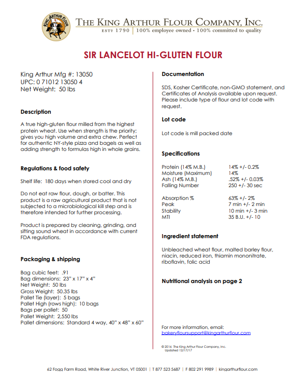 King Arthur Lancelot High Gluten Flour 50 lb food service bag