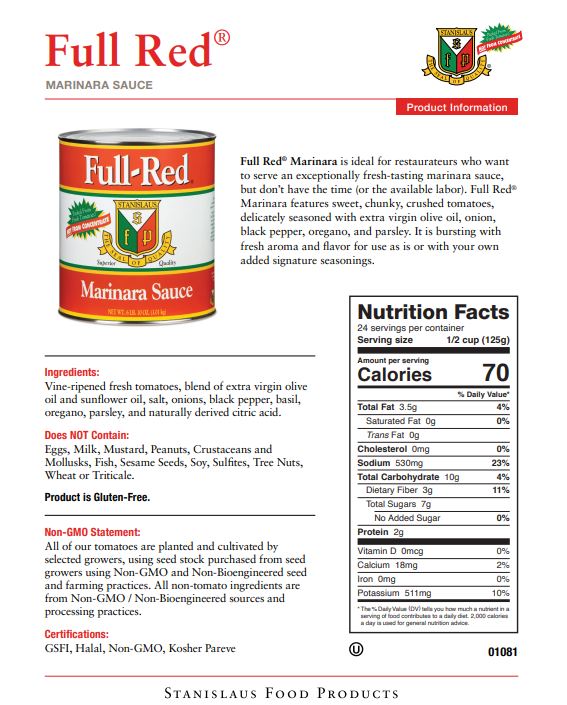 Stanislaus Full Red Marinara Sauce — Case of 6 #10 Cans - Specification