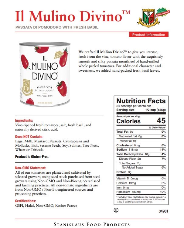 Stanislaus Passata di Pomodoro — Case of 6 #10 Cans - Specification